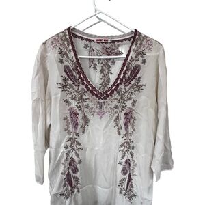 Johnny Was Cream Blouse with mauve, pink & tan Embroidery